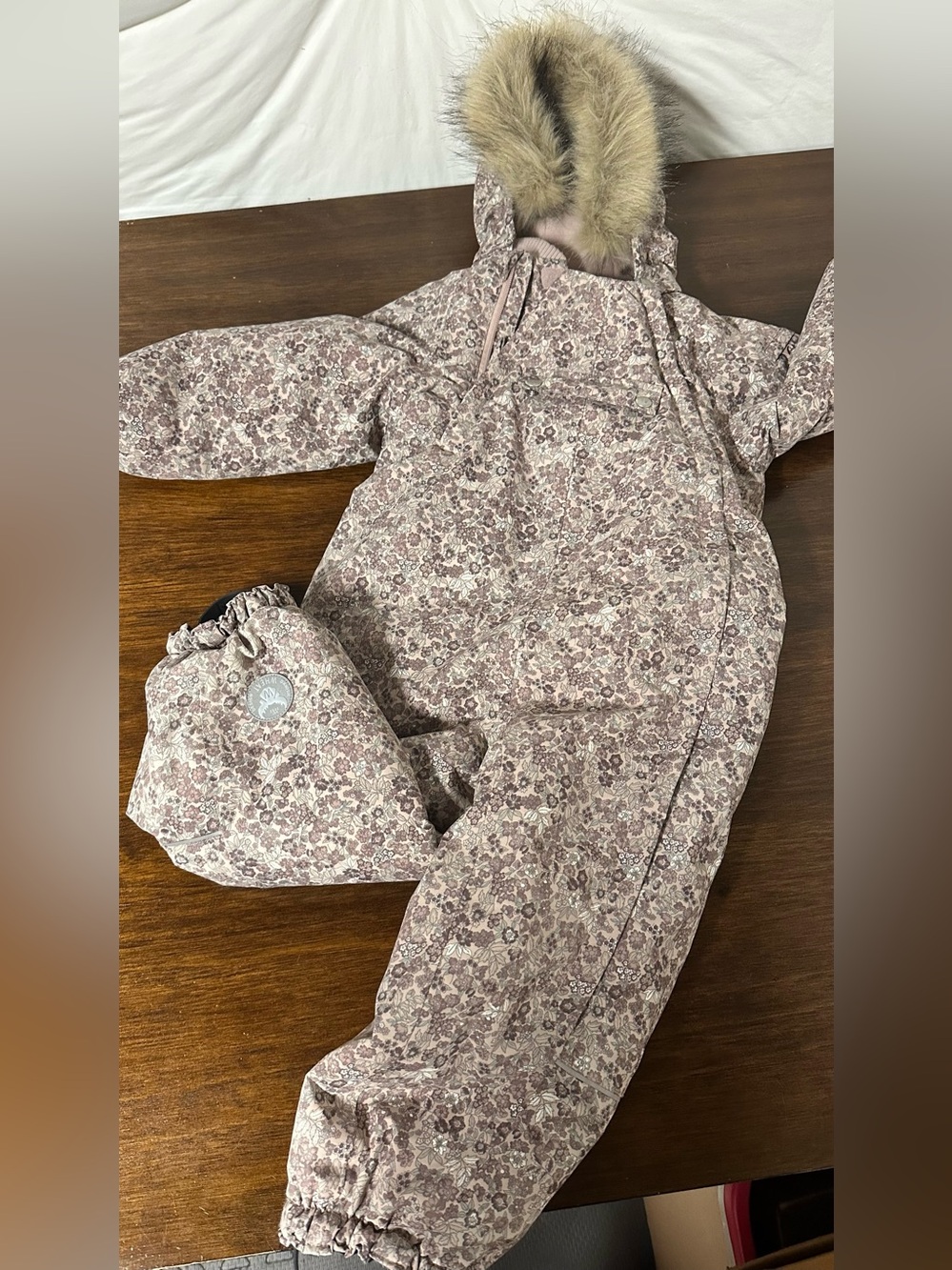Pink Floral Kids Puff Jacket with Faux-Fur Hood